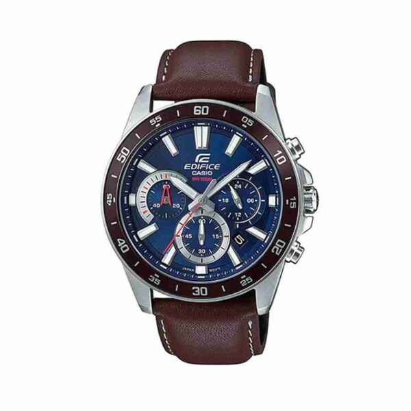 casio edifice efv-570l-2avudf model mens wrist watch in brown leather strap & blue chronograph dial