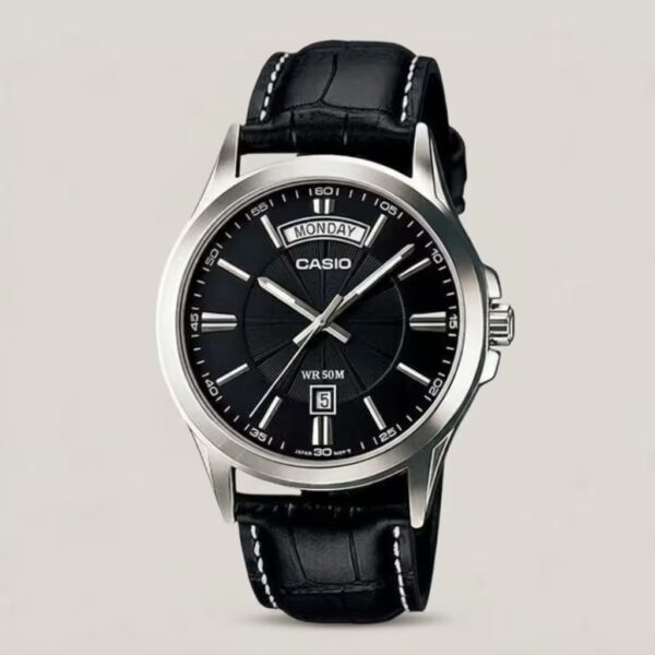 Casio men's black dial watch with black leather strap, silver-tone case, day-date display and 50M water resistance