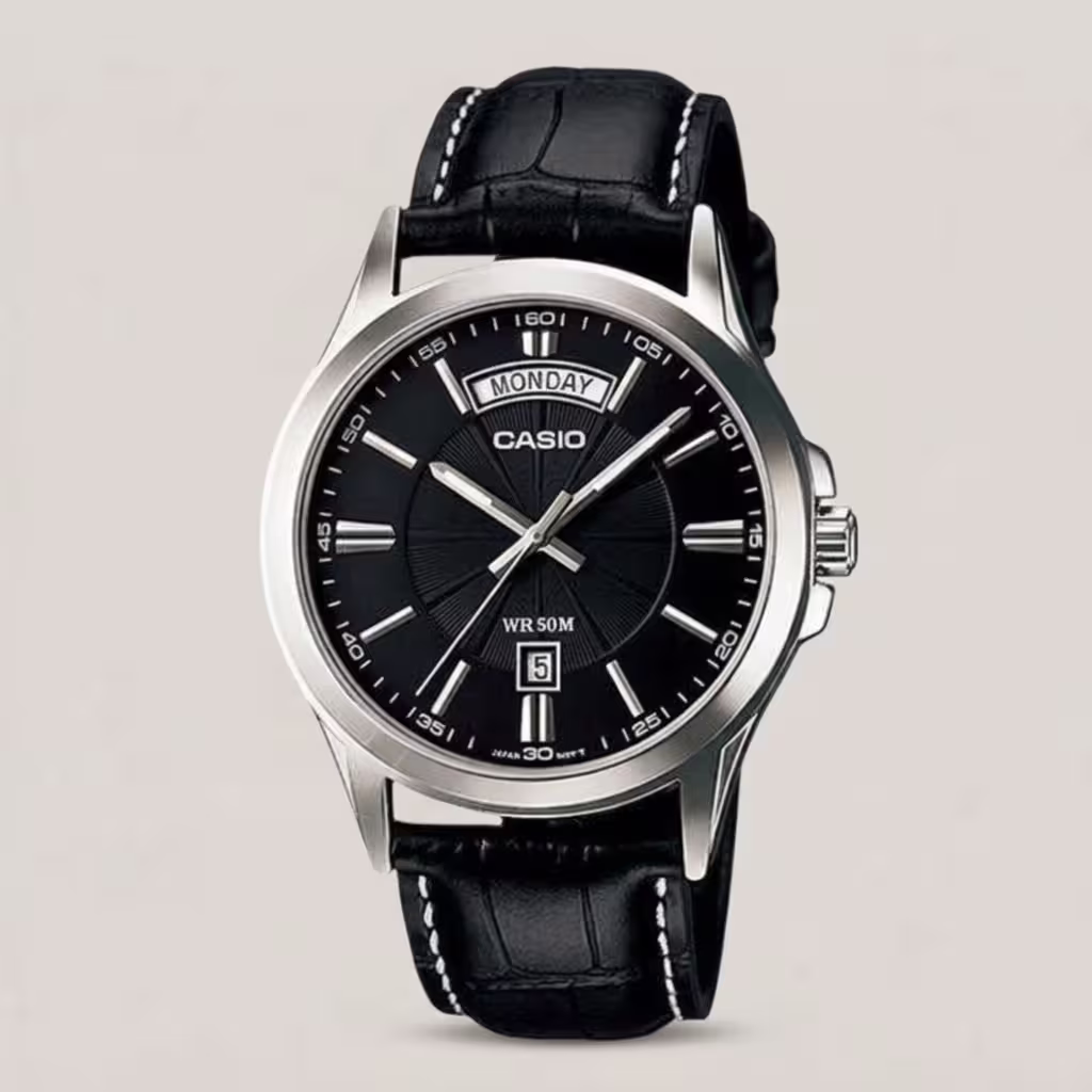 Casio men's black dial watch with black leather strap, silver-tone case, day-date display and 50M water resistance