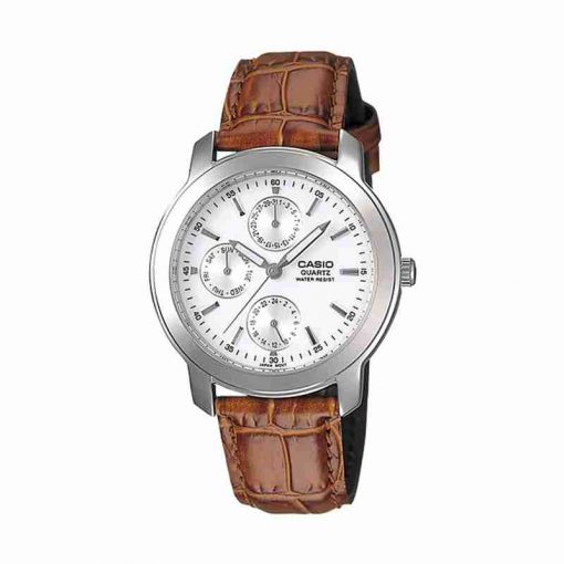 Casio Enticer series mtp 1192e 7a mens brown leather wrist watch in white multi hand dial