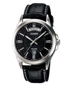 Casio MTP-1381L-1AV Enticer series men's executive wrist watch in black leather strap & black analog dial