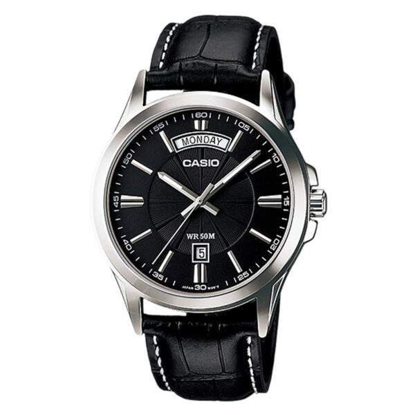 Casio MTP-1381L-1A analog leather watch featuring a black dial with wide day-date display and minimalist design, ideal for everyday style.