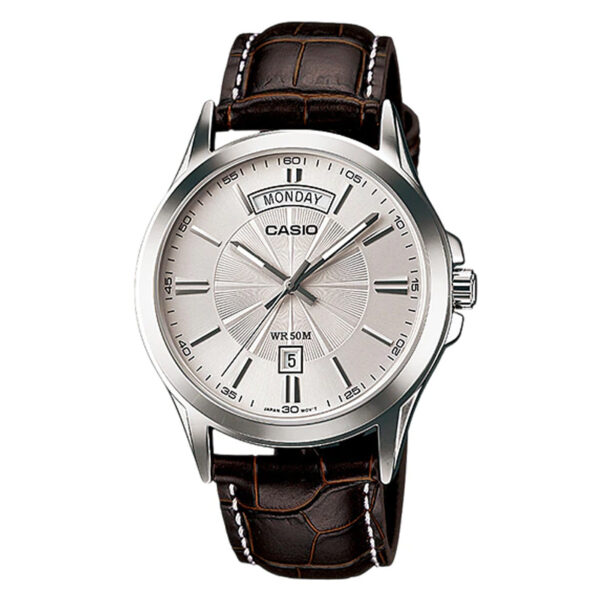 Casio MTP-1381L-7A analog watch featuring a silver dial, wide day-date display, and genuine brown leather strap – perfect for classic formal style.