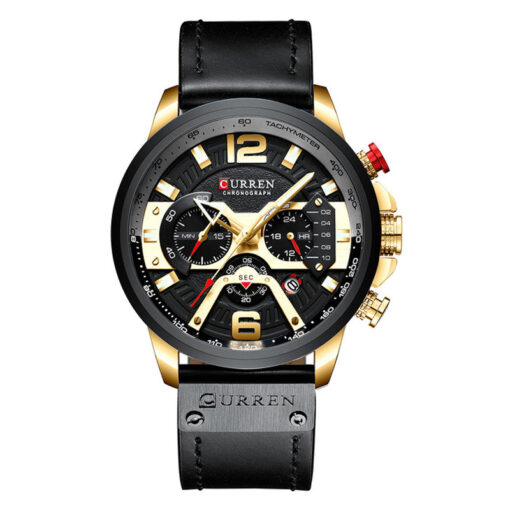 curren 8329 black leather strap black dial men's chronograph wrist watch