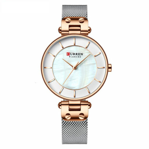 9056 curren ladies gift watch in silver mesh chain & white golden analog dial