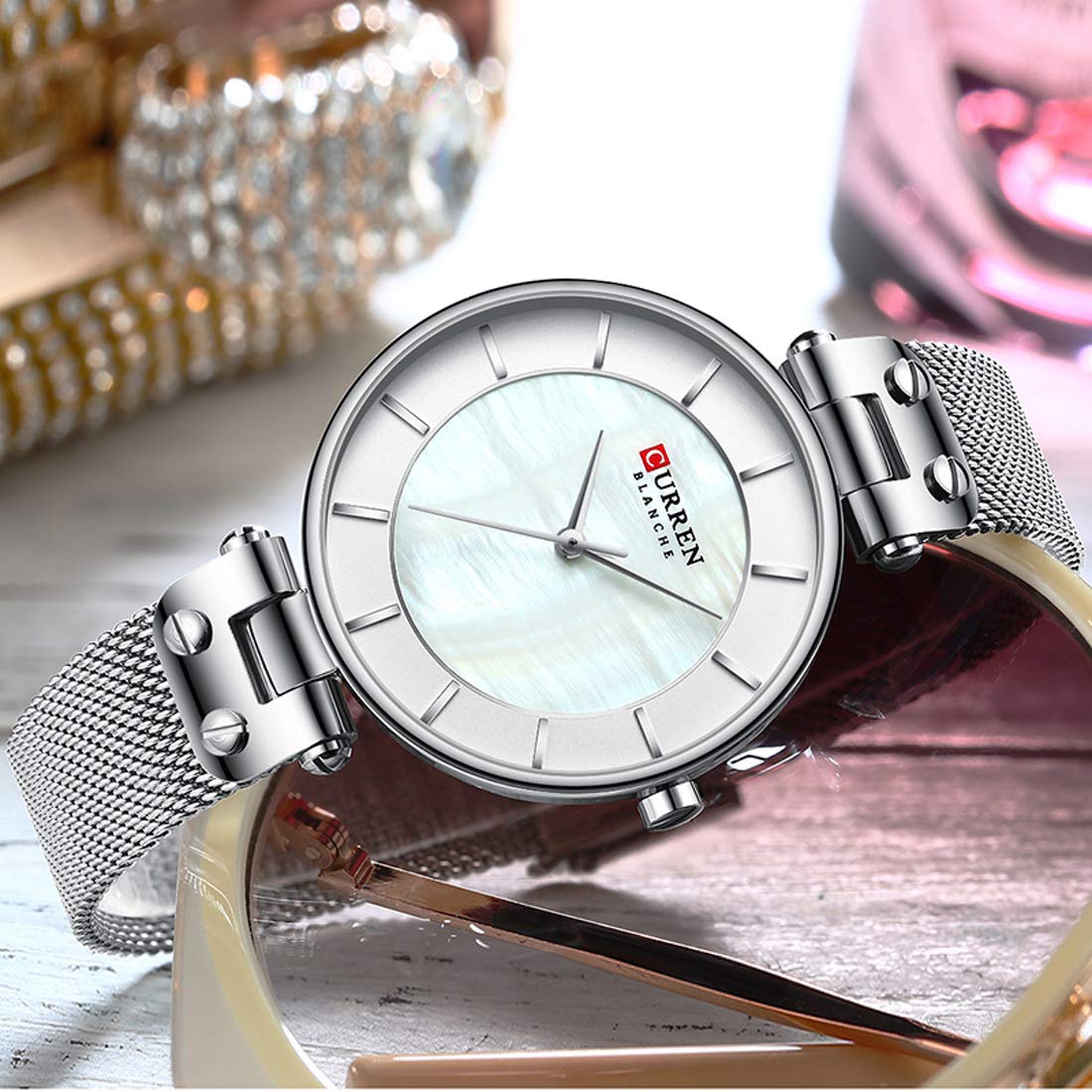 Curren 9056 silver ladies mesh chain analog wrist watch