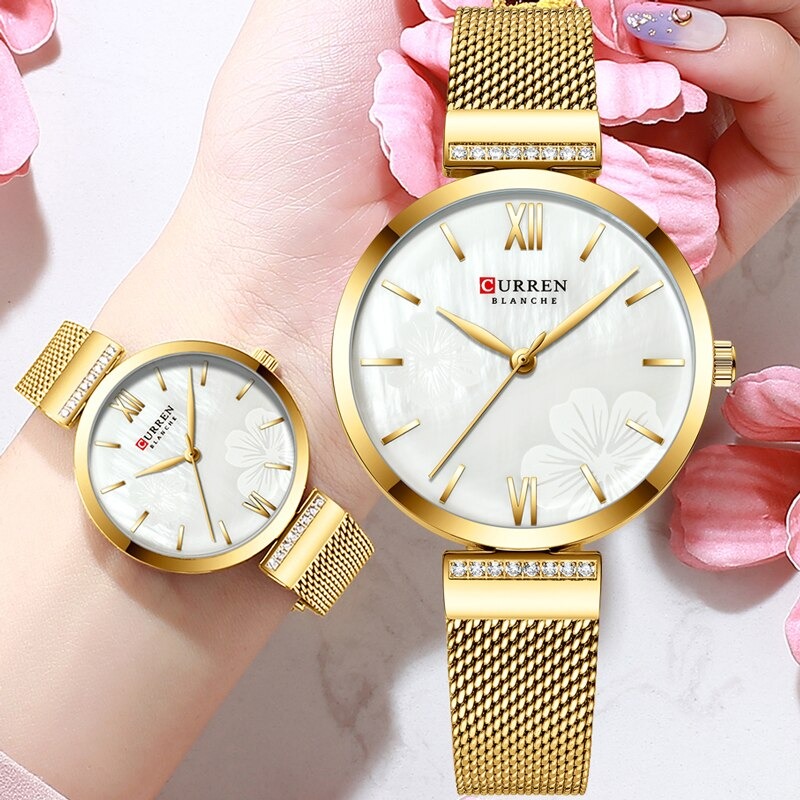 curren 9067 ladies wrist watch in golden mesh chain & simple analog white dial