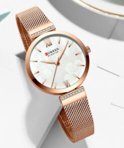 curren 9067 ladies simple analog gift watch in rose gold mesh chain & white dial