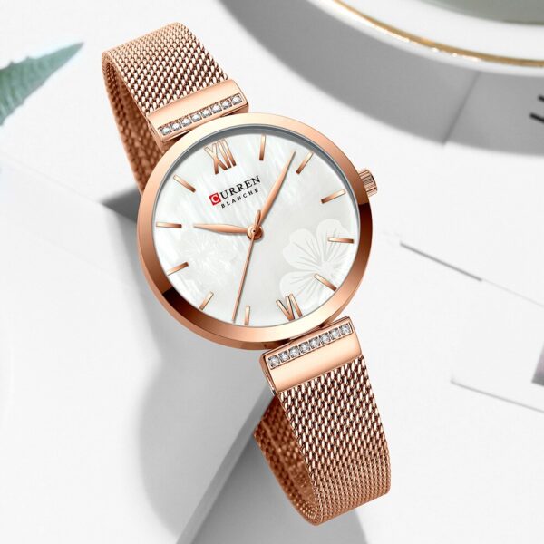 curren 9067 ladies simple analog gift watch in rose gold mesh chain & white dial