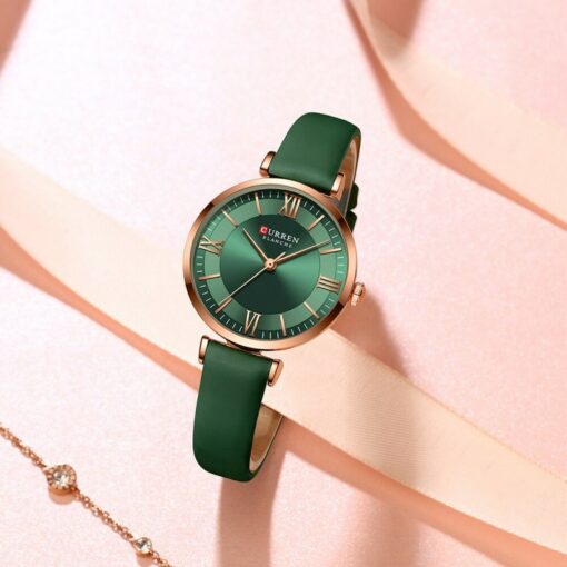 Curren 9079 green leather strap ladies casual fashion wrist watch in full green dial & strap