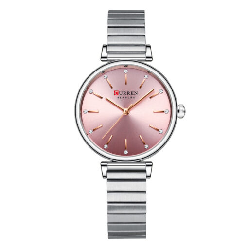 Curren 9081 ladies wrist watch in silver steel chain & pink dial