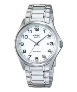 Casio MTP-1183A-7B analog watch with a white dial, stainless steel band, date window, and classic timekeeping.