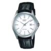 Casio MTP-1183E-7A analog watch with white dial, black leather band, date window, and minimal classic design.