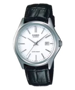 Casio MTP-1183E-7A analog watch with white dial, black leather band, date window, and minimal classic design.