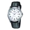 Casio MTP-1183E-7B analog watch featuring silver dial, black leather strap, and a date window in a minimalist design.