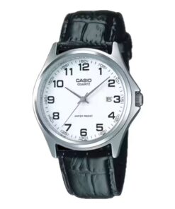 Casio MTP-1183E-7B analog watch featuring silver dial, black leather strap, and a date window in a minimalist design.