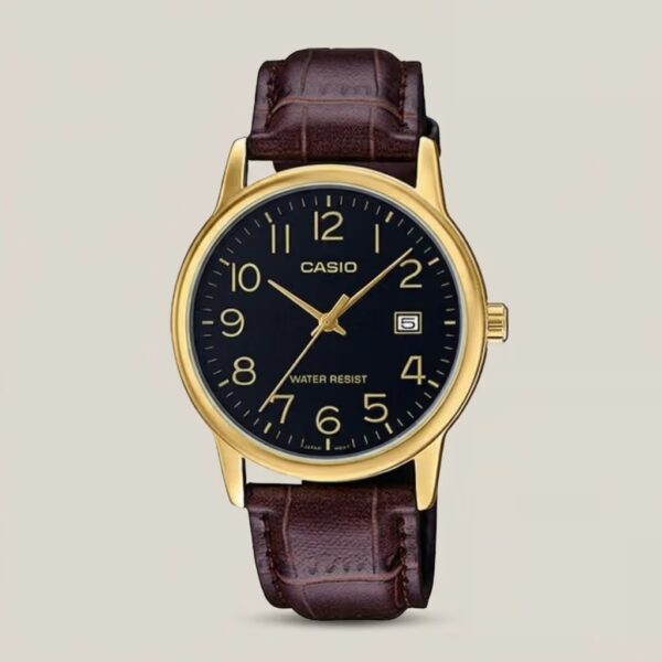 Casio men's black dial watch with gold-tone case, brown leather strap, Arabic numeral markers and date display