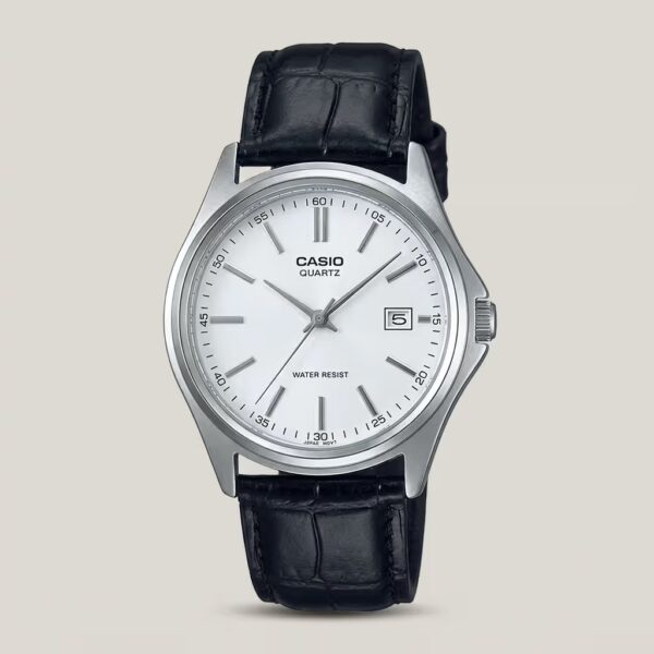Casio men's silver dial quartz watch with black leather strap, silver-tone case and date display