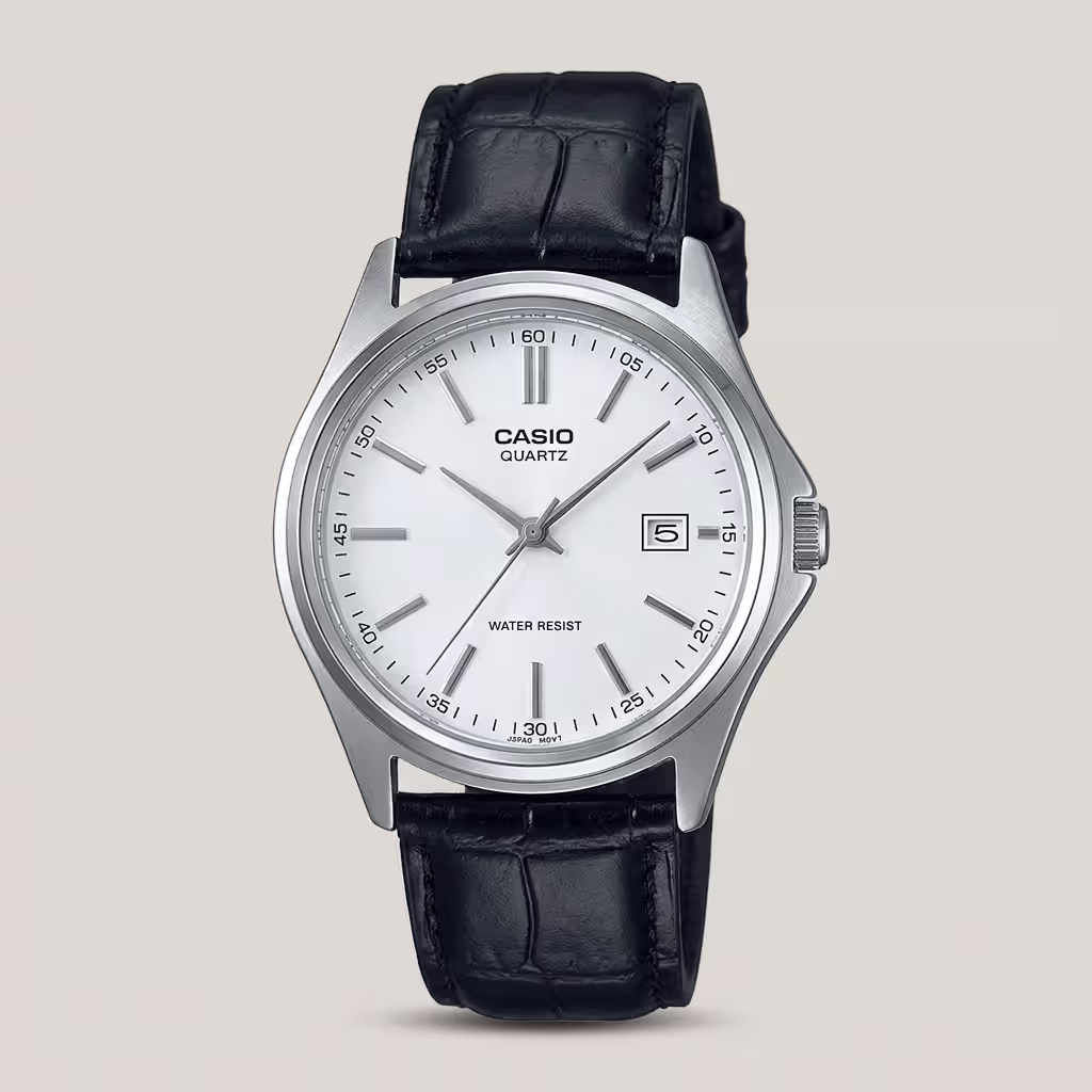 Casio men's silver dial quartz watch with black leather strap, silver-tone case and date display