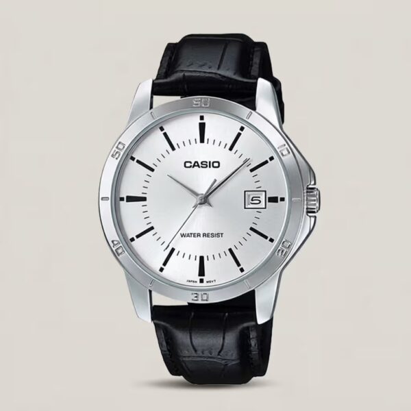 Casio men's silver dial watch with silver-tone bezel, black leather strap and date display