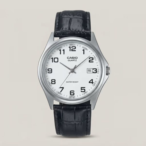 Casio men's white dial quartz watch with silver-tone case, black leather strap and date display