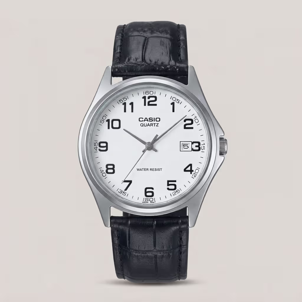 Casio men's white dial quartz watch with silver-tone case, black leather strap and date display