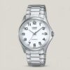 Casio MTP-1183A-7B analog watch with a white dial, stainless steel band, date window, and classic timekeeping.