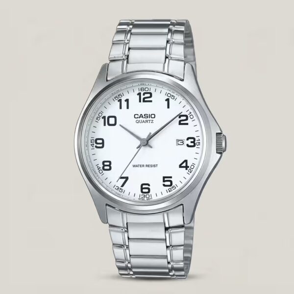 Casio MTP-1183A-7B analog watch with a white dial, stainless steel band, date window, and classic timekeeping.