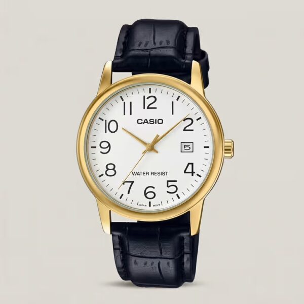 Casio men's white dial watch with gold-tone case, black leather strap and date display