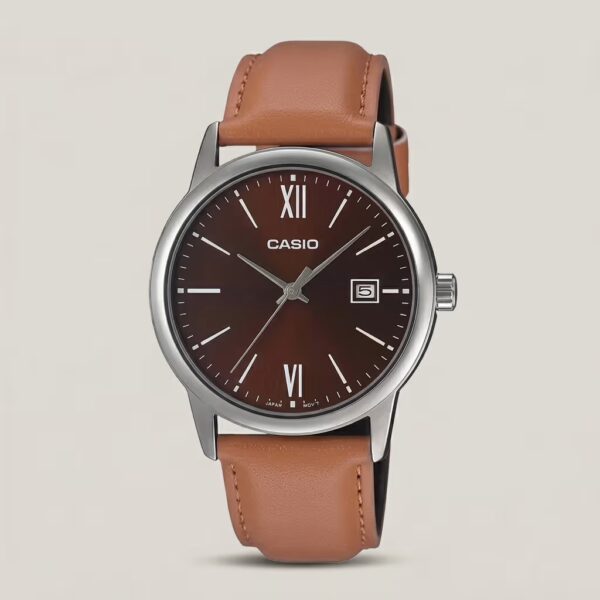 Casio men's brown dial watch with silver-tone case, tan leather strap and date display