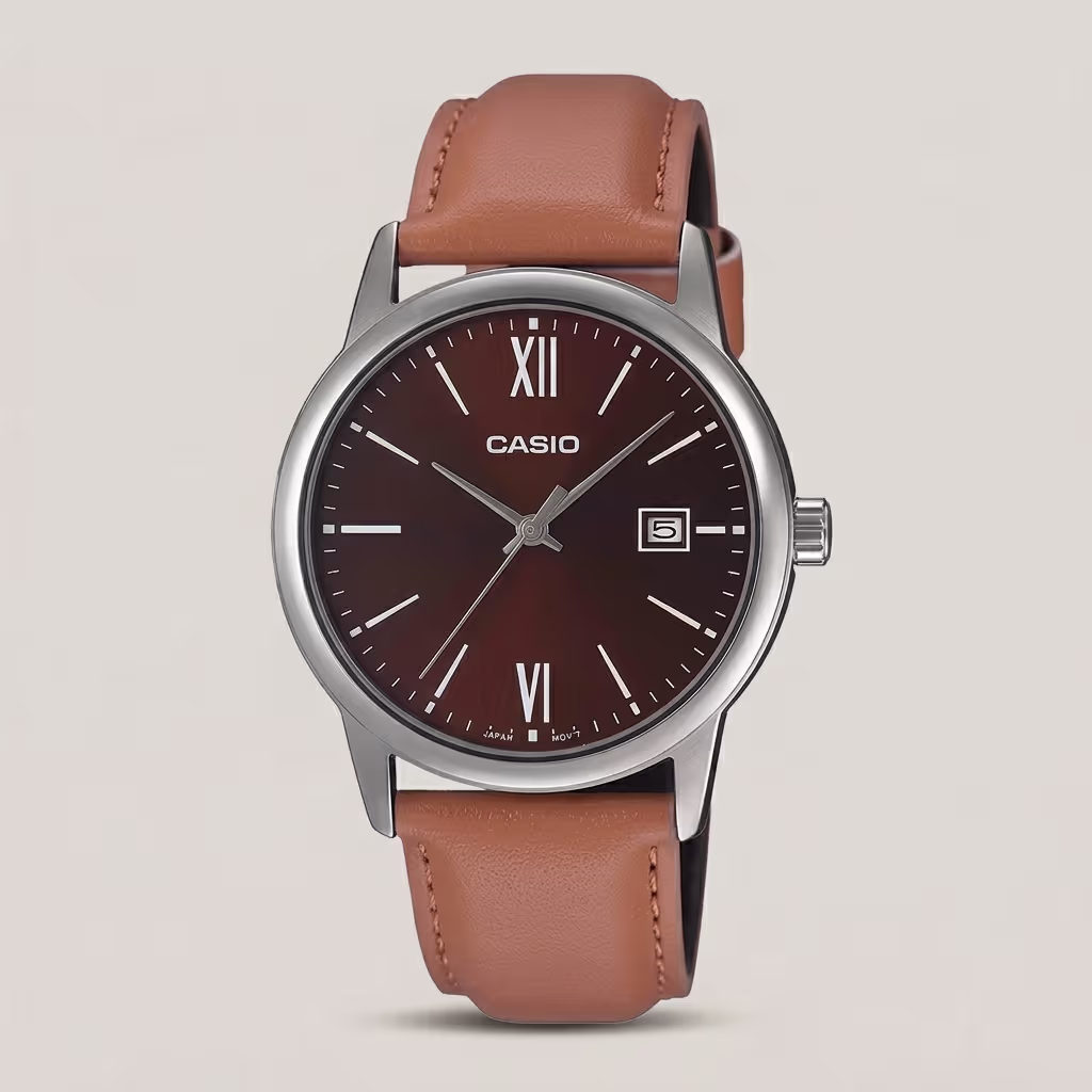 Casio men's brown dial watch with silver-tone case, tan leather strap and date display