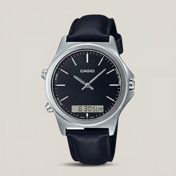 casio mtp-vc01l-1e black round analog and digital dial men's stylish leather strap watch