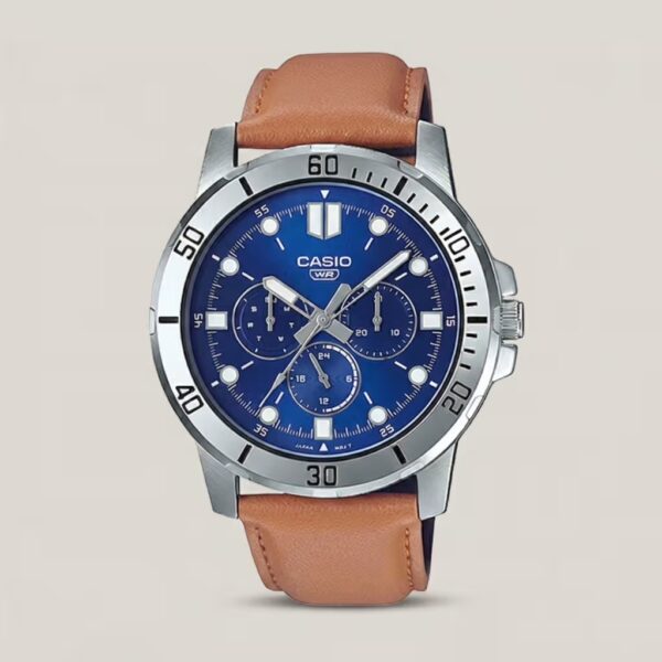 Casio MTP-VD300L-2EUDF model blue multi hand dial & camel leather strap men's gift watch