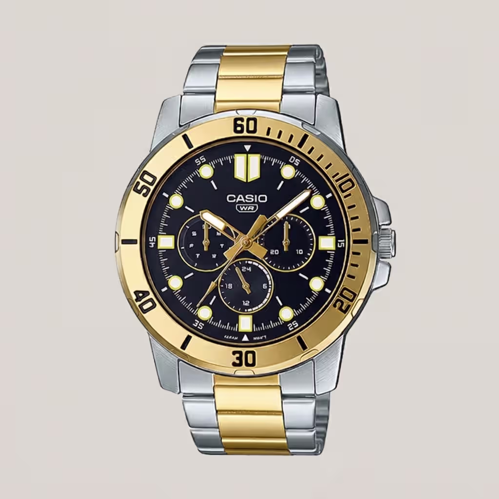 Casio Enticer MTP-VD300SG-1E black dial two tone golden silver chain gents gift watch
