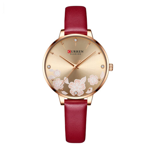 curren 9068 red leather strap golden dial ladies analog wrist watch