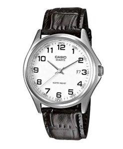 Casio MTP-1183E-7BDF white numeric analog dial with date & black leather strap mens wrist watch