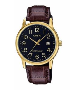 Casio MTP-V002GL-1BUDF brown leather strap black numeric analog dial mens wrist watch with date function