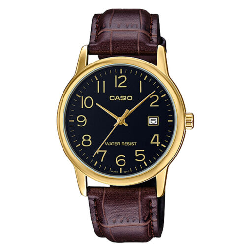 Casio MTP-V002GL-1BUDF brown leather strap black numeric analog dial mens wrist watch with date function