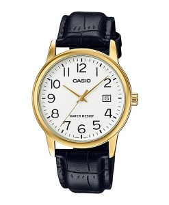 Casio MTP-V002GL-7B2UDF model mens wrist watch in black leather strap & white clear numeric dial with date