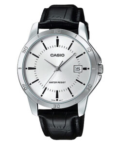 Casio MTP-V004L-7AUDF men's silver dial analog wrist watch in black leather strap