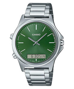 casio-mtp-vc01d 3e stainless steel green dial analog and digital wrist watch