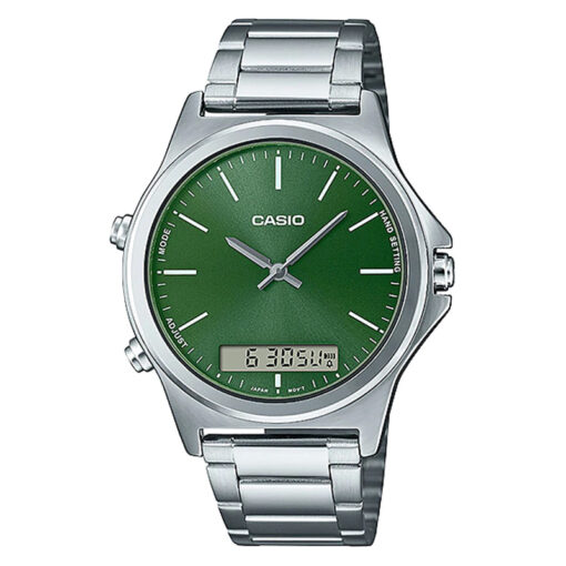 casio-mtp-vc01d 3e stainless steel green dial analog and digital wrist watch