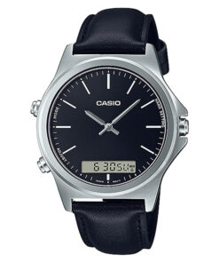 casio mtp-vc01l-1e black round analog and digital dial men's stylish leather strap watch