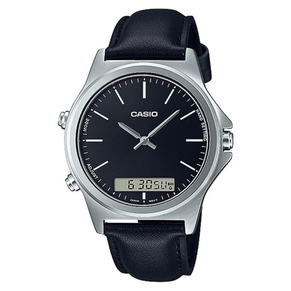 casio mtp-vc01l-1e black round analog and digital dial men's stylish leather strap watch