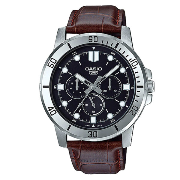 MTP-VD300L-1EUDF Casio brown leather strap & black multi hand dial wrist watch gift corporate