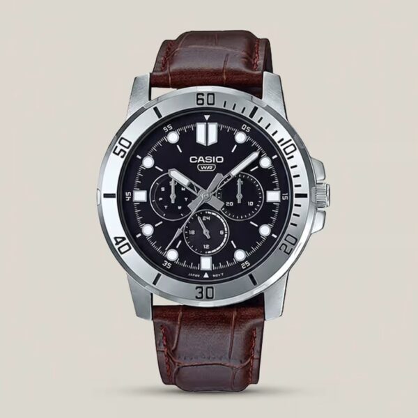 MTP-VD300L-1EUDF Casio brown leather strap & black multi hand dial wrist watch gift corporate