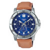 Casio MTP-VD300L-2EUDF model blue multi hand dial & camel leather strap men's gift watch