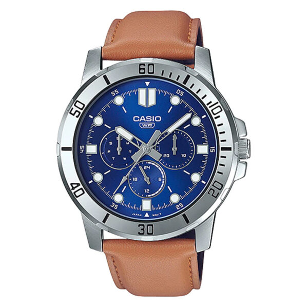 Casio MTP-VD300L-2EUDF model blue multi hand dial & camel leather strap men's gift watch