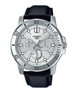 Casio MTP-VD300L-7EUDF silver multi hand dial & black leather strap mens wrist watch