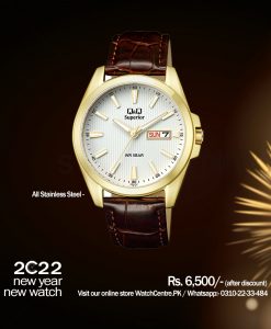 q&q new year new superior all stainless steel gents leather analog watch with golden dial